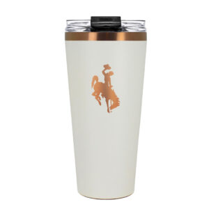 32-ounce travel cup. cup is white with copper accents and designs. Copper top lip and bucking horse on one side