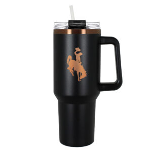 40-ounce travel mug. Mug is black with copper accents and designs. Copper top lip and bucking horse on one side