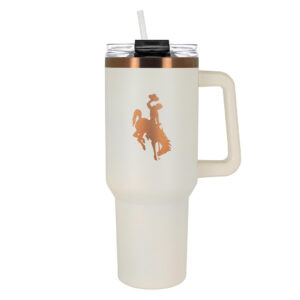 40-ounce travel mug. Mug is white with copper accents and designs. Copper top lip and bucking horse on one side