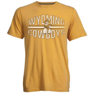 Faded gold short sleeve tee, design is white word Wyoming above pistol pete logo above white word cowboys