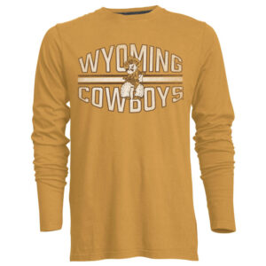 Faded gold long sleeve tee, design is white word Wyoming above pistol pete logo above white word cowboys