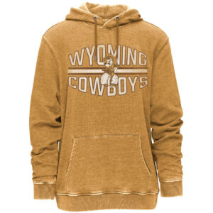 Faded gold hoodie, design is white word Wyoming above pistol pete logo above white word cowboys