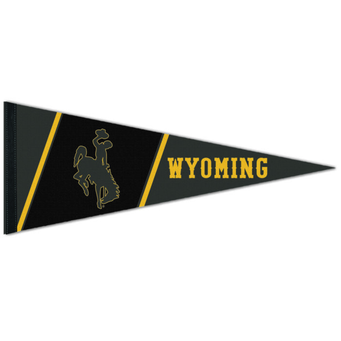 black pennant with gold wyoming at tip and brown bucking horse at end