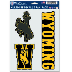 three pack of wyo decals. bold wyoming in gold with black background. black bucking horse and black W with gold bucking horse in center