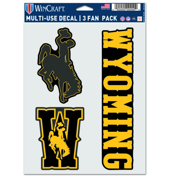 three pack of wyo decals. bold wyoming in gold with black background. black bucking horse and black W with gold bucking horse in center