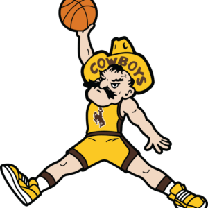 in color, brown and gold, 6-inch pistol pete decal with pete playing basketball