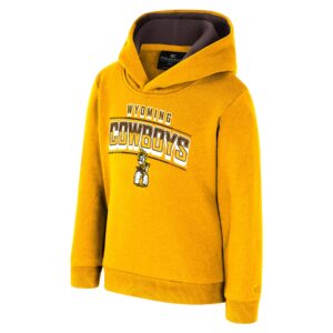 gold hooded sweatshirt with cowboys in brown center chest and pistol pete under.