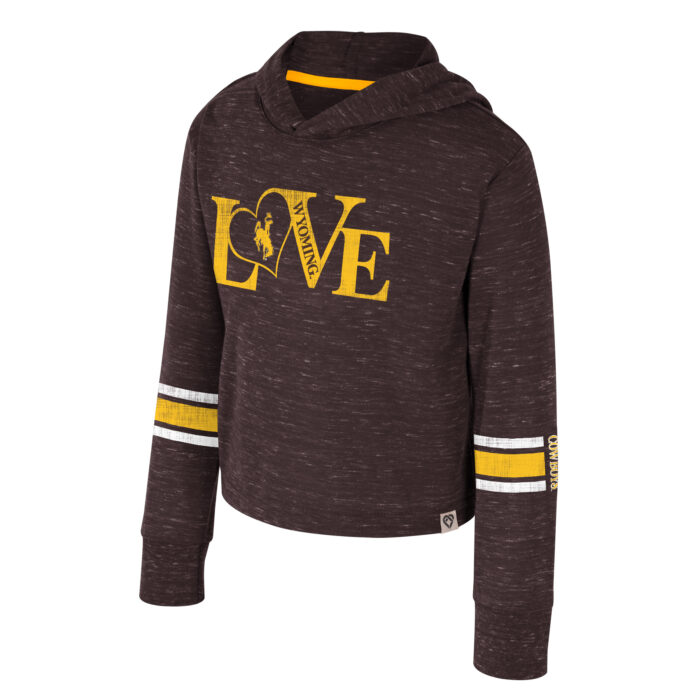 youth brown light weight hooded tee. Love in gold lettering with the O as a heart with bucking horse within. gold and white arm bands on forearms