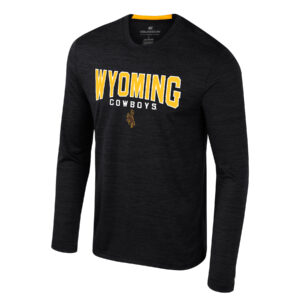 black long sleeve tee with design on front. Wyoming in gold with white outline center chest with white cowboys under and brown bucking horse at bottom