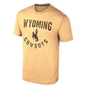 gold short sleeve tee with design center chest. Wyoming at top with bucking horse in middle and cowboys at bottom arced up. all in brown with white outline