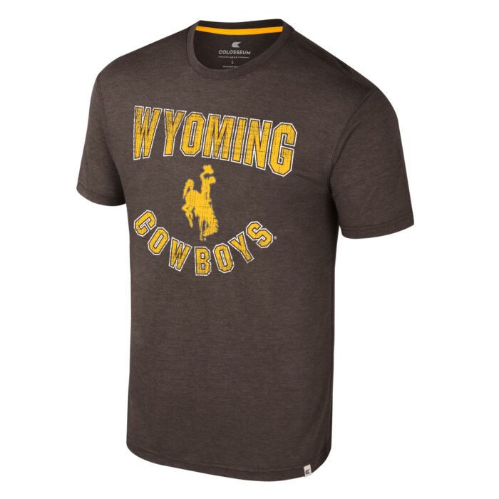 brown short sleeve tee with design center chest. Wyoming at top with bucking horse in middle and cowboys at bottom arced up. all in gold with white outline