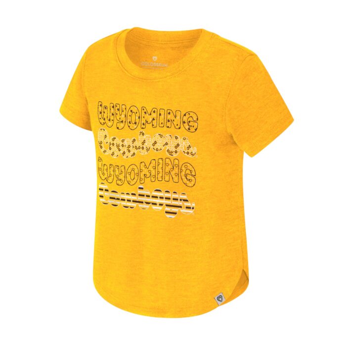 gold short sleeve tee with design on front. brown Outline wyoming and white outline cowboys repeated twice. each word has a different design to fill