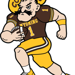 in color, brown and gold, 6 inch pistol pete decal with pete playing football