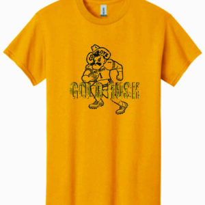 gold short sleeve tee with pistol pete in football uniform rushing a football. Gold rush in camo style text on top of pistol pete