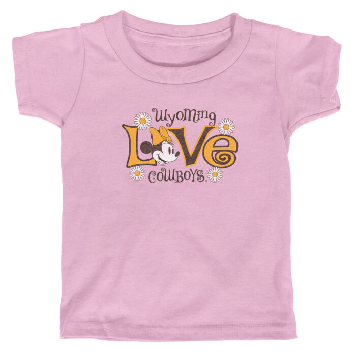 pink toddler tee with design on front. Wyoming Cowboys in brown curly text with Love in large gold with brown outline. Minnie mouse is the O in LOVE