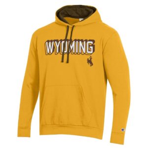 gold hooded sweatshirt with wyoming white in 3D style with brown outline and bucking horse