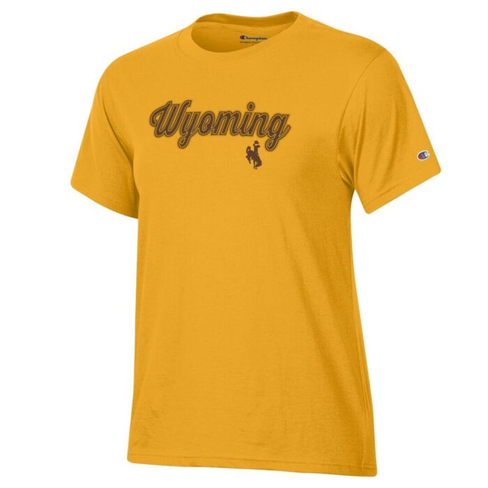 gold short sleeve tee with design center chest. brown script wyoming with bucking horse under N