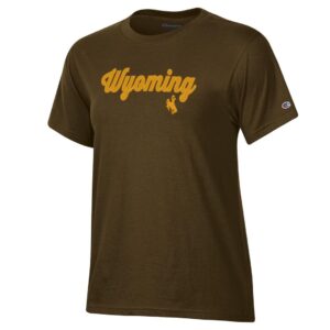 brown short sleeve tee with design center chest. gold script wyoming with bucking horse under N