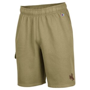 khaki cargo shorts with exterior pocket on right leg and bucking horse of bottom left leg in brown