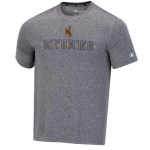 grey short sleeve tee with design center chest. outline of wyoming with small gold cowboy going through. brown bucking horse at top