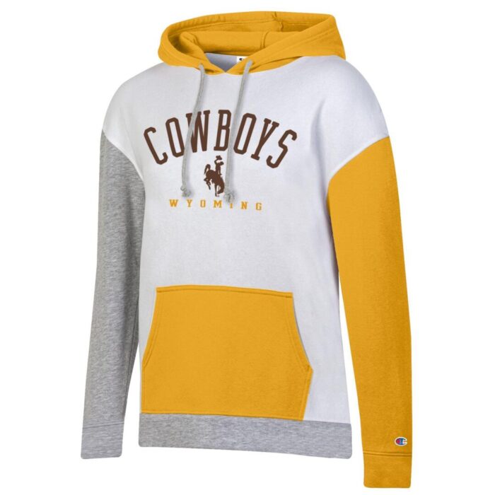 gold, grey, and white block hooded sweatshirt, with cowboys arced at top in brown with brown bucking horse under and wyoming in gold at bottom