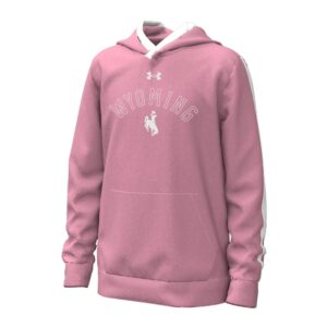 pink youth hoodie with white outline of wyoming and solid white bucking horse under