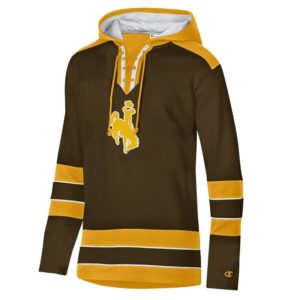 hockey style hooded sweatshirt in brown with gold stripes on bottom of waits and forearms on sleeves. large gold bucking horse center chest with white outline