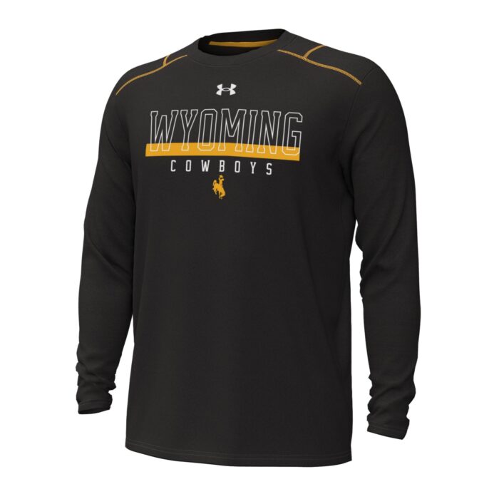 black long sleeve tee with design center chest. White outline wyoming with gold stripe under and white solid cowboys at bottom