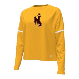 gold crewneck sweatshirt with large brown bucking horse with white outline on center chest. white bands around elbows