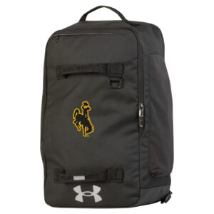 black under Armour backpack with embroidered bucking horse in black with gold outline on center front pocket