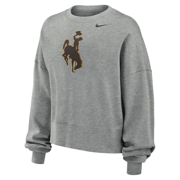 grey nike womens cropped crewneck with large brown bucking horse with gold outline center chest