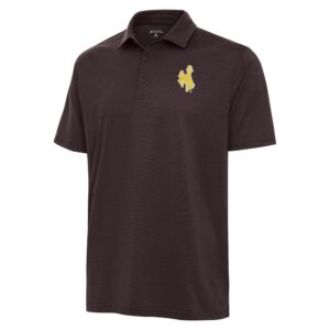 brown short sleeve textured polo with gold bucking horse with white outline on left chest.