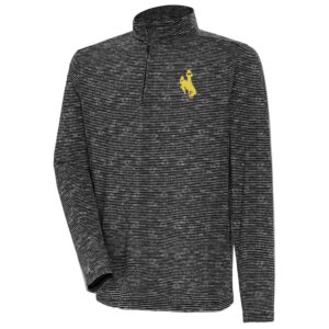 brown and grey 1/4 zip pullover. base has thin brown stripes on grey background. gold bucking horse on left chest