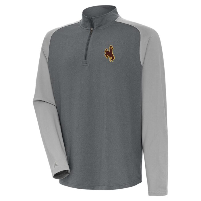 two tone grey 1/4 zip pullover. base is dark grey with sleeves and shoulders in light grey. brown bucking horse with gold outline on left chest