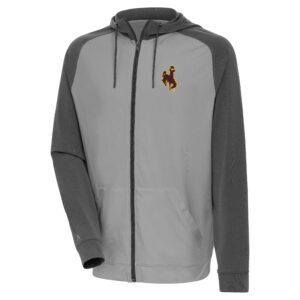 two tone grey full zip jacket. base is light grey with hood and sleeves in dark grey. brown bucking horse with gold outline on left chest.