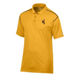 gold polo with brown shoulder seems and brown bucking horse on left chest