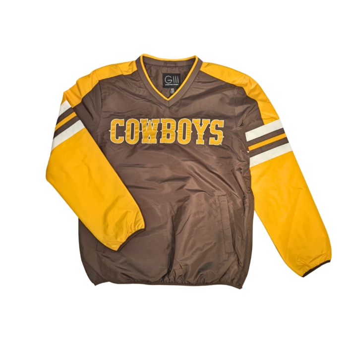 retro brown and gold lightweight pullover. gold arms with brown body. Cowboys embroidered center chest in gold with white outline, and white brown and gold stripes on shoulder