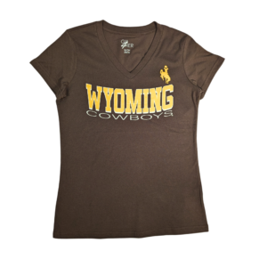 brown short sleeve tee with gold wyoming across center chest with cowboys under in white