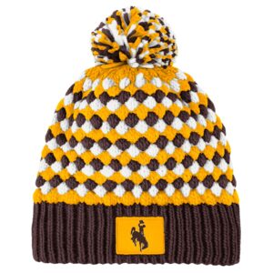 brown gold and white knitted beanie with pom and brown cuff with gold patch