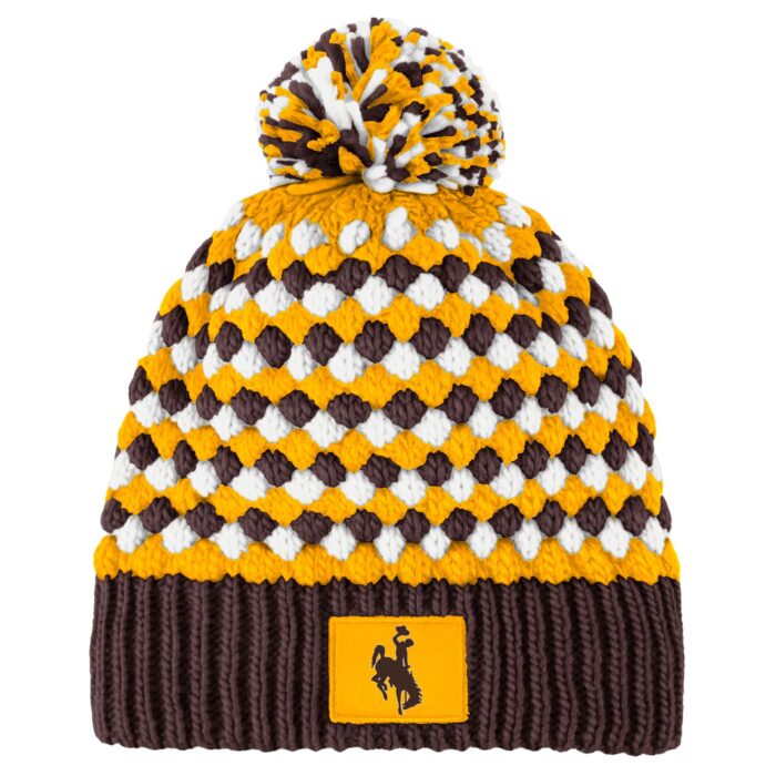 brown gold and white knitted beanie with pom and brown cuff with gold patch