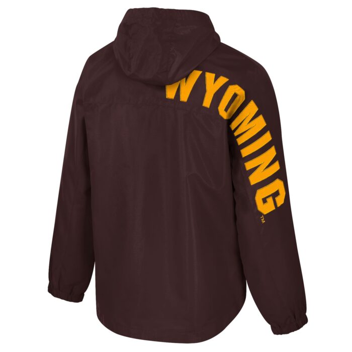 brown mid-weight jacket with gold block on low front with gold bucking horse on left chest. jacket zips 1/2 way down. wyoming in gold on back right shoulder and arm