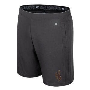 Grey shorts with pockets on both sides and brown bucking horse with gold outline on bottom left leg