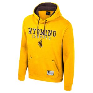 gold hooded sweatshirt with design center chest. Wyoming in brown with white outline and cowboys in white under, brown bucking horse at bottom