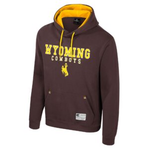 brown hooded sweatshirt with design center chest. Wyoming in gold with white outline and cowboys in white under, gold bucking horse at bottom