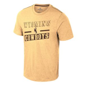 gold short sleeve tee with design on front. Outline Wyoming near top neck, with boxed cowboys at bottom. bucking horse between. design is all brown