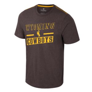 brown short sleeve tee with design on front. Outline Wyoming near top neck, with boxed cowboys at bottom. bucking horse between. design is all gold