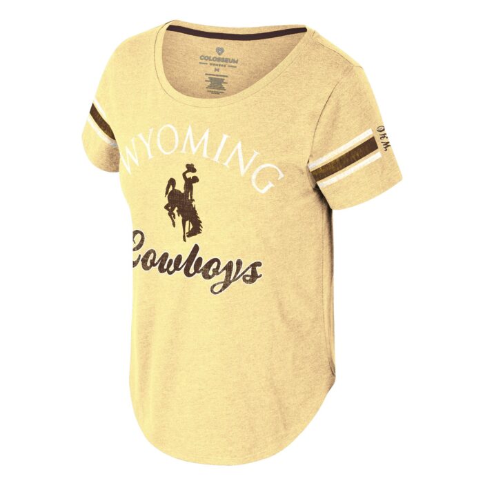 gold short sleeve tee with design on center chest and sleeves. on chest, arced white wyoming with brown bucking horse and script cowboys under