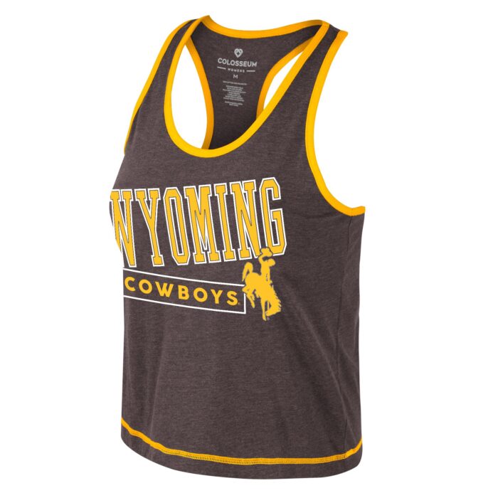 brown womens racer back tank top with design center chest. Wyoming in gold with white outline, white cowboys under and gold bucking horse to the left