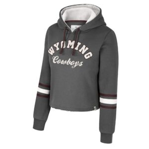 grey cropped sweatshirt with white hood interior and brown and white stripes on forearms. On center chest, arced wyoming in white with script cowboys under in white