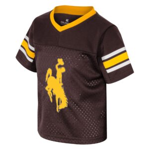 toddler brown football jersey with large gold bucking horse on center of tee. White and gold stripes on sleeves